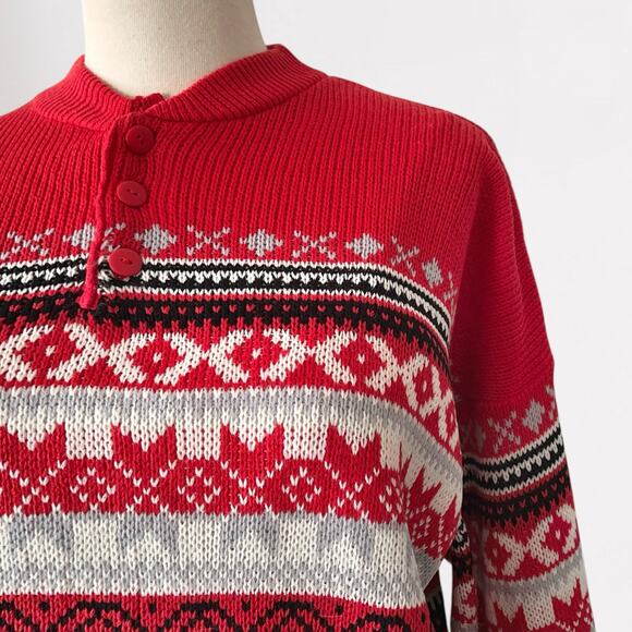 Vintage 90s Fair Isle Sweater Apres Ski Nordic Red Henley Cozy Knit Scandi XL - Picture 4 of 11